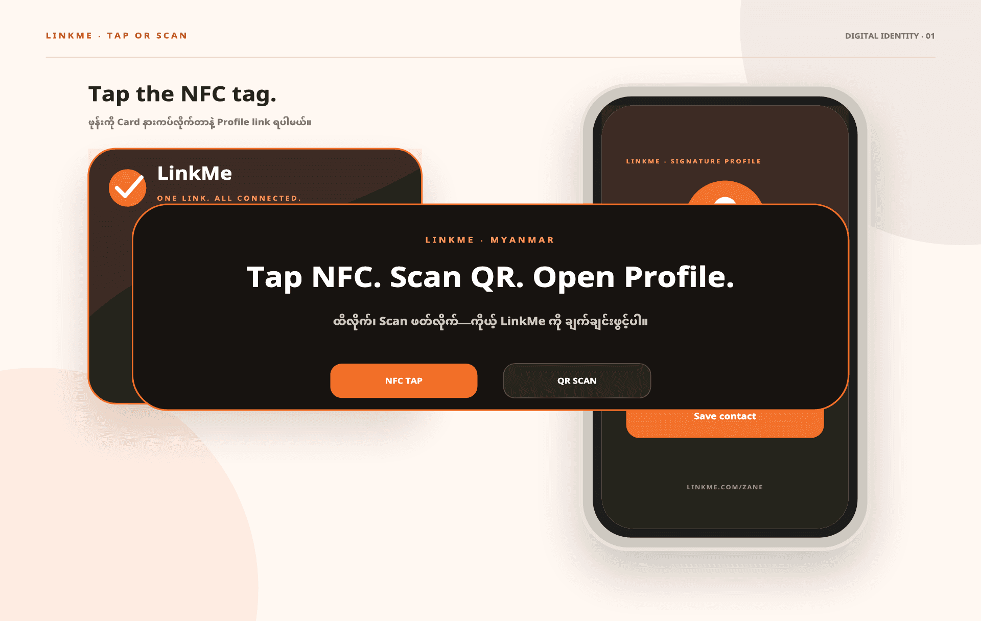 A phone opening a LinkMe profile from an NFC card or QR scan