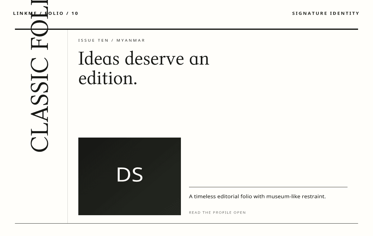 Classic Folio — Editorial light theme preview
